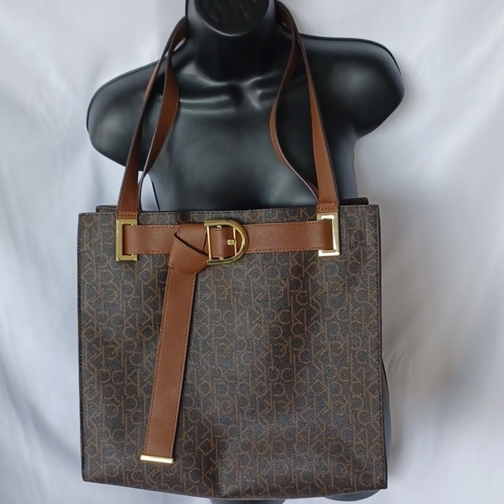 Calvin Klein Brown & Tan ck Logo Tote Bag Purse w/ Belted Front & Gold Hardware